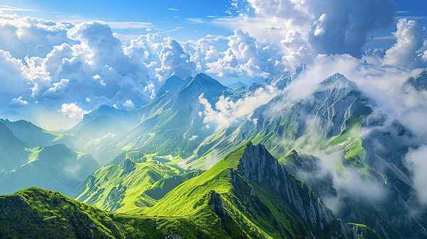 Wide mountain landscape with a calm sky