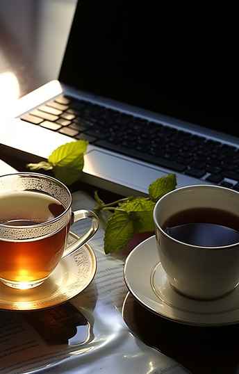 A cup of tea beside a notebook on a table